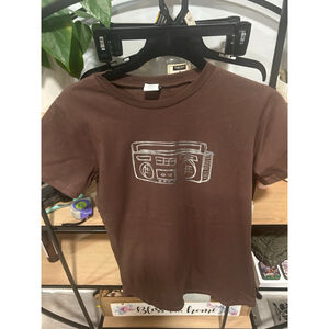 Vintage Women's Etnies Brown Short Sleeve Tee with Silver Boombox Graphic M